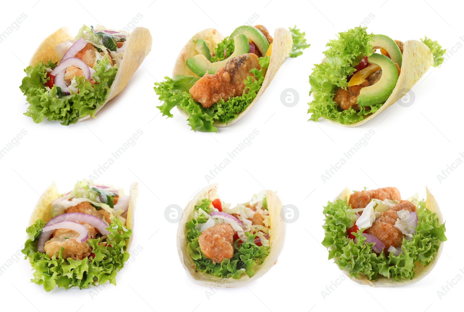 Set of delicious fresh fish tacos on white background Image of Set of delicious fresh fish tacos on white background