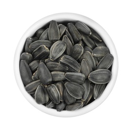 Sunflower seeds in bowl isolated on white, top view Photo of Sunflower seeds in bowl isolated on white, top view
