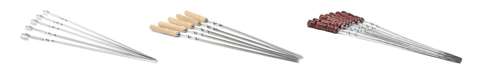 Set with metal skewers on white background. Banner design Image of Set with metal skewers on white background. Banner design