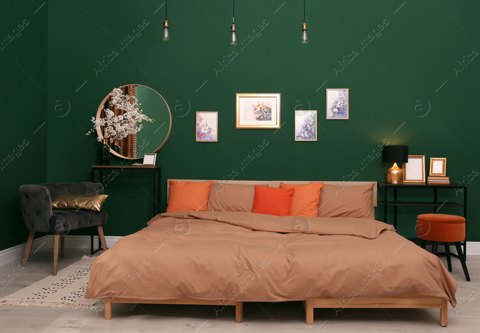 Stylish bedroom with modern furniture. Interior design Photo of Stylish bedroom with modern furniture. Interior design