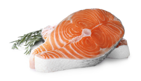 Fresh raw salmon with rosemary on white background. Fish delicacy Photo of Fresh raw salmon with rosemary on white background. Fish delicacy