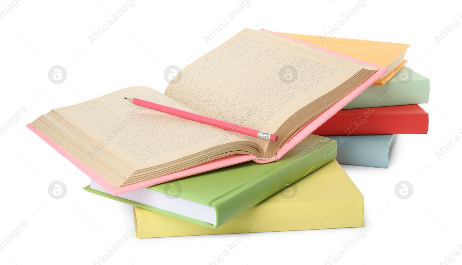 Photo of Many colorful hardcover books with pencil on white background