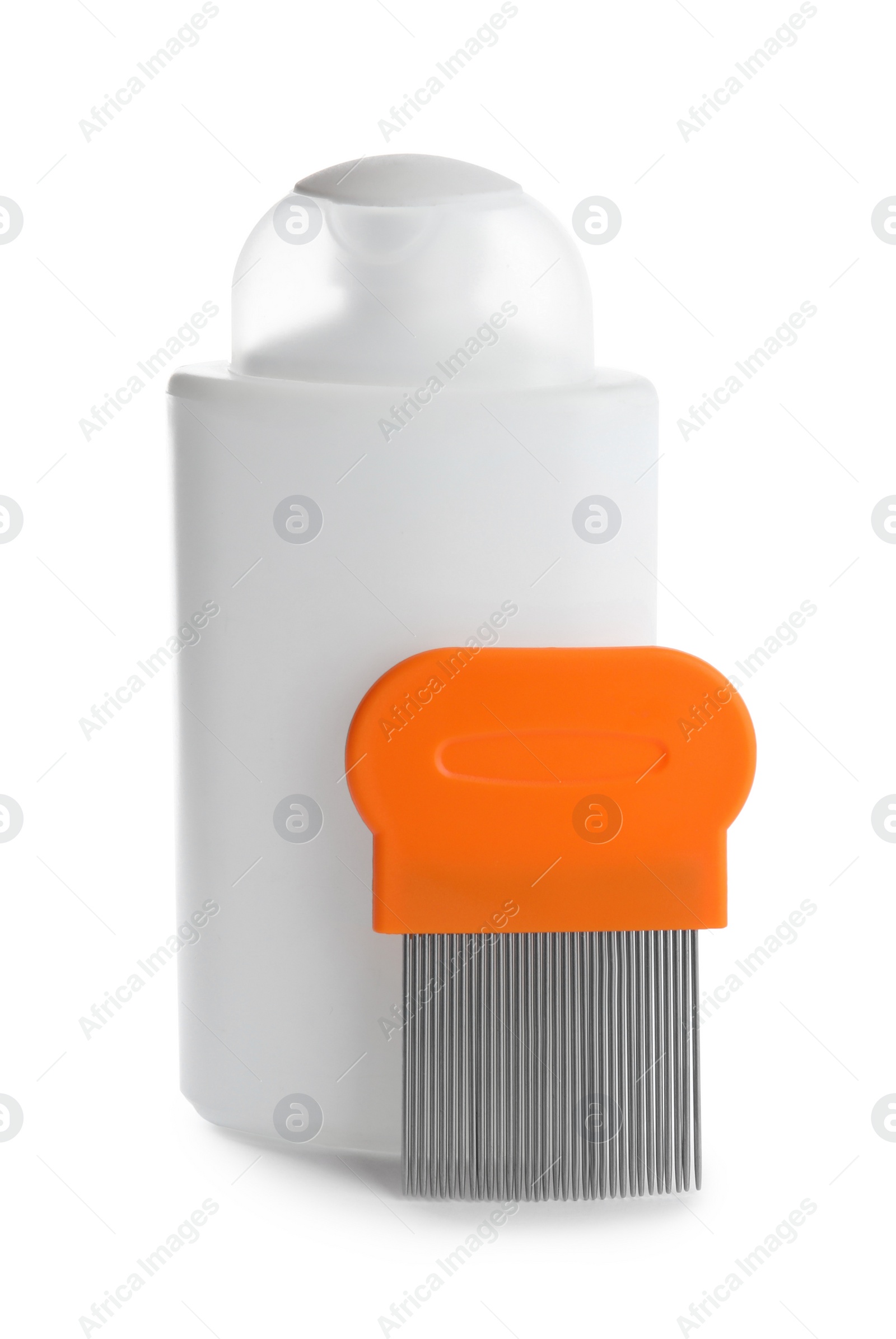 Shampoo and metal comb for anti lice treatment on white background Photo of Shampoo and metal comb for anti lice treatment on white background