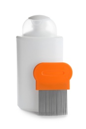 Shampoo and metal comb for anti lice treatment on white background Photo of Shampoo and metal comb for anti lice treatment on white background