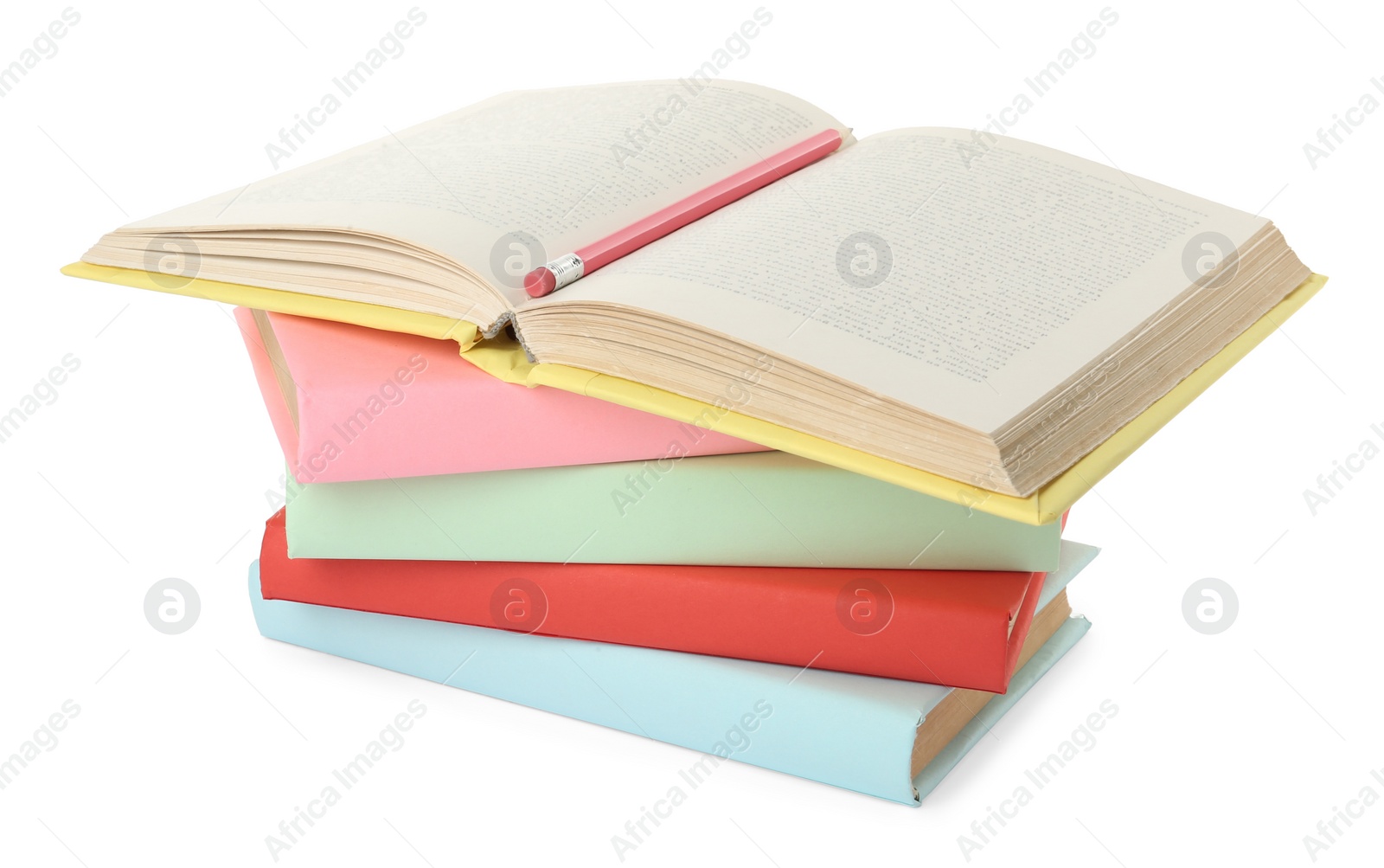 Photo of Many colorful hardcover books with pencil on white background