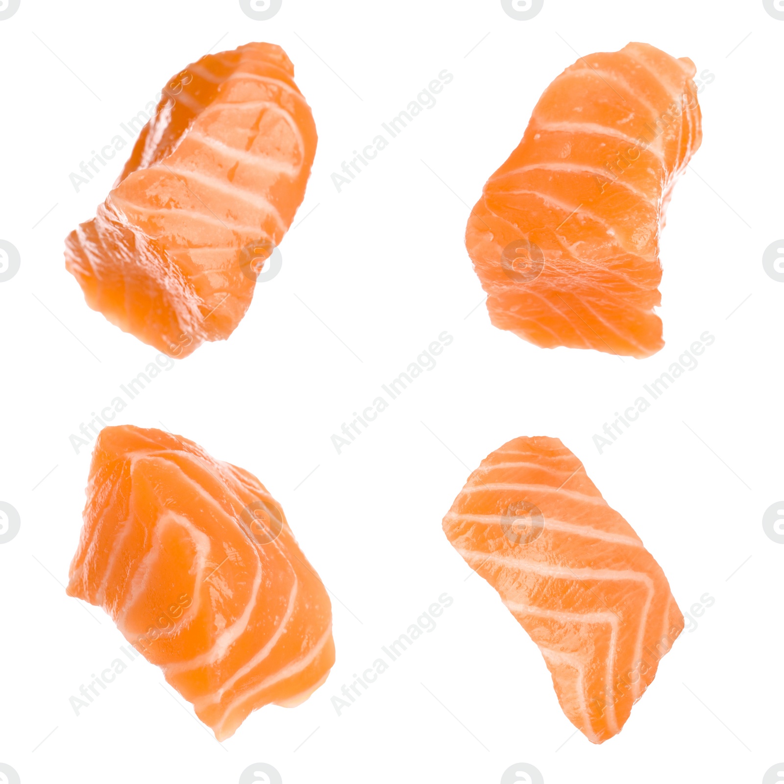 Set with pieces of fresh raw salmon on white background. Fish delicacy Image of Set with pieces of fresh raw salmon on white background. Fish delicacy