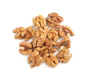 Pile of peeled walnuts on white background, top view Photo of Pile of peeled walnuts on white background, top view