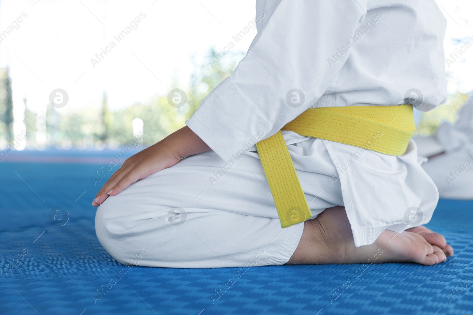 Photo of Child in kimono sitting on tatami, closeup. Karate practice
