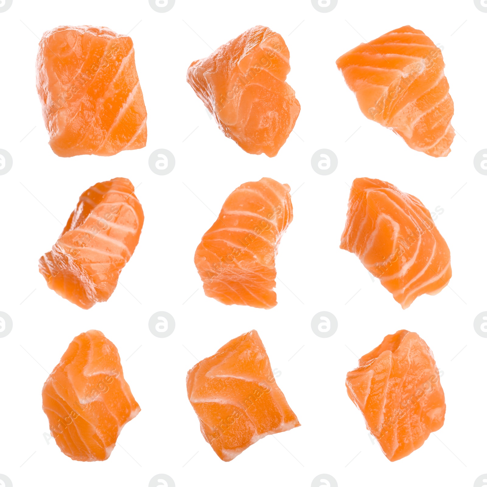 Set with pieces of fresh raw salmon on white background. Fish delicacy Image of Set with pieces of fresh raw salmon on white background. Fish delicacy