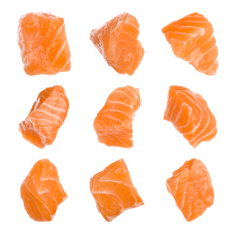Set with pieces of fresh raw salmon on white background. Fish delicacy Image of Set with pieces of fresh raw salmon on white background. Fish delicacy