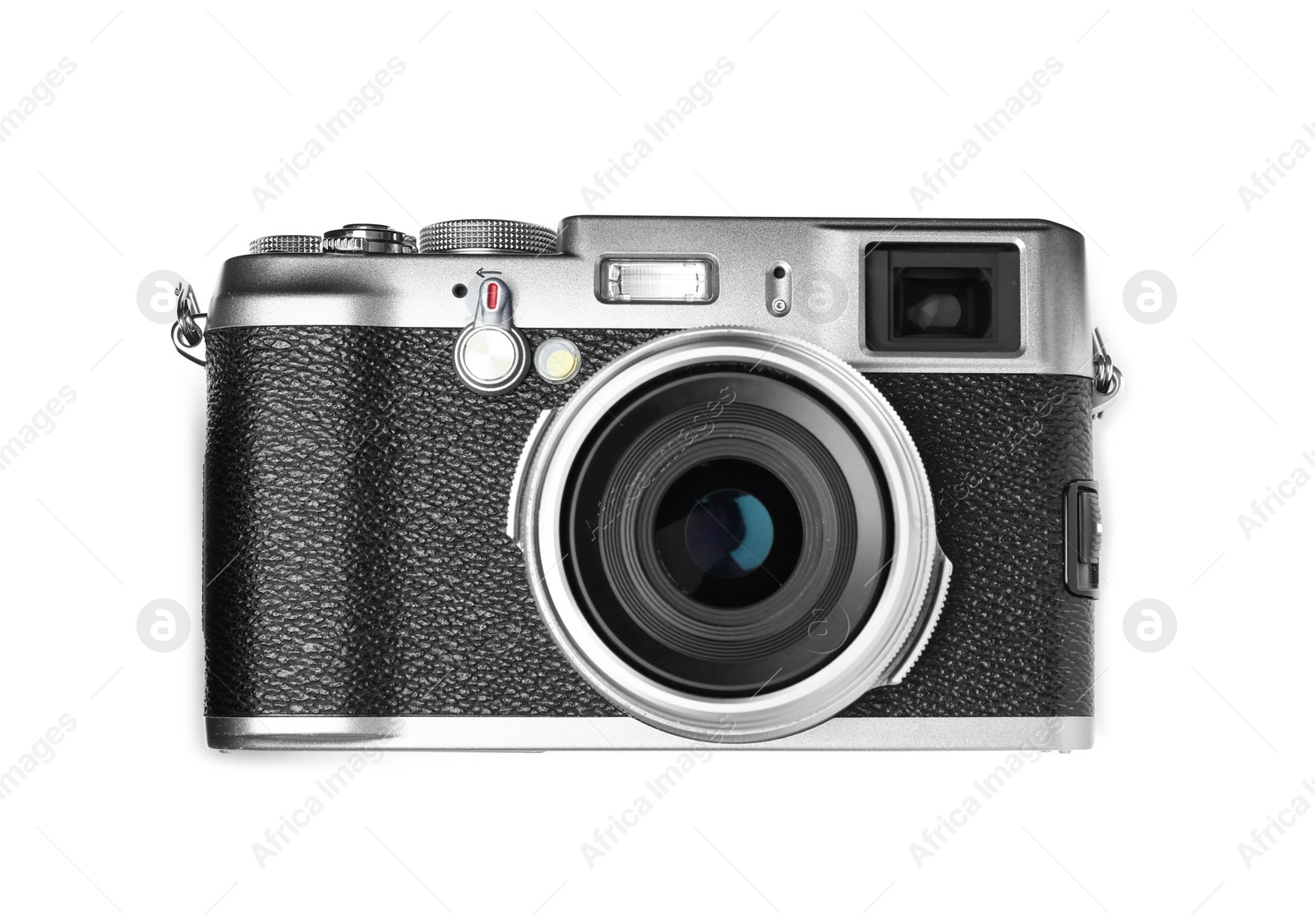 Modern camera isolated on white, top view Photo of Modern camera isolated on white, top view