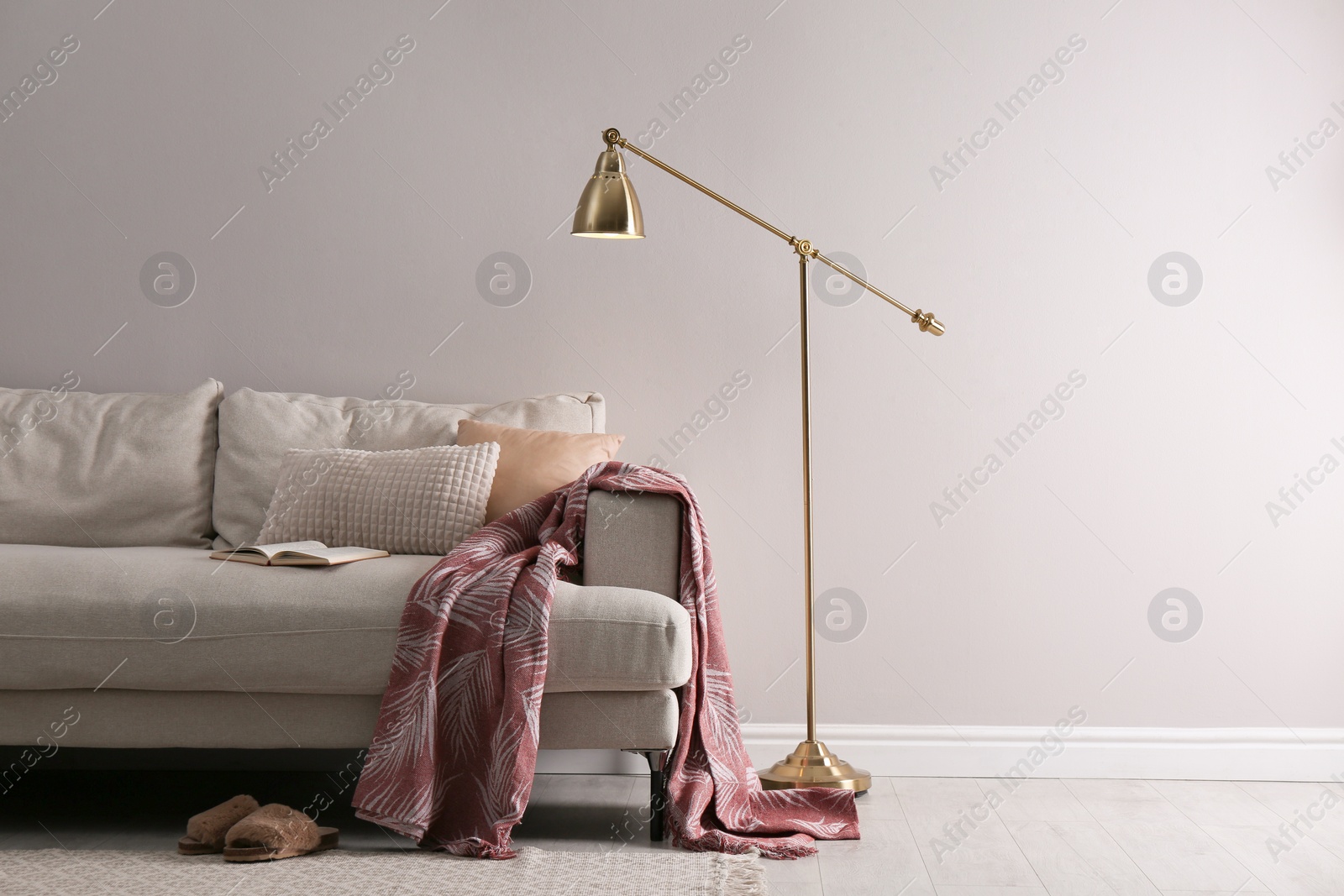 Stylish living room interior with comfortable sofa and floor lamp. Space for text Photo of Stylish living room interior with comfortable sofa and floor lamp. Space for text