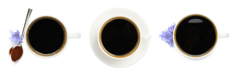 Set with chicory drink on white background, top view. Banner design Image of Set with chicory drink on white background, top view. Banner design