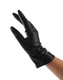 Photo of Woman wearing black leather glove on white background, closeup