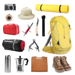 Set with different camping equipment on white background Image of Set with different camping equipment on white background