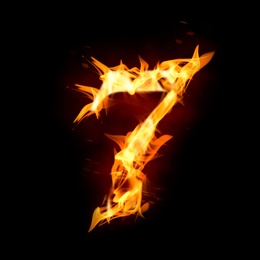Image of Flaming 7 on black background. Stylized number design
