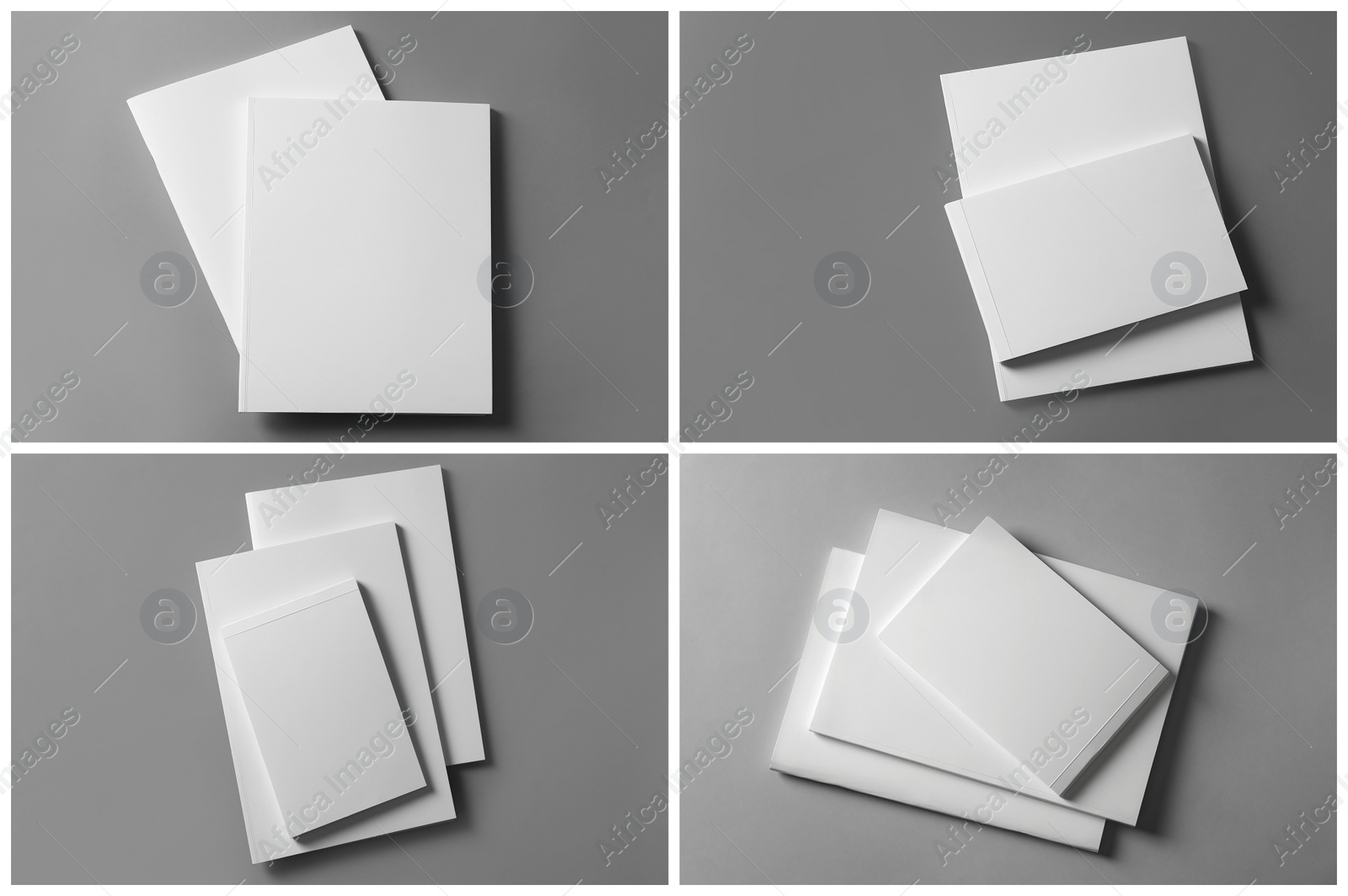 Open blank brochures on grey background, top view. Collage Image of Open blank brochures on grey background, top view. Collage