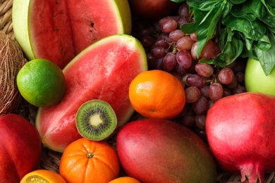 Assortment of fresh exotic fruits as background, closeup Photo of Assortment of fresh exotic fruits as background, closeup