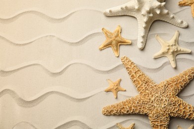 Beautiful sea stars on sand, flat lay. Space for text Photo of Beautiful sea stars on sand, flat lay. Space for text