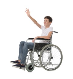 Photo of Teen boy in wheelchair on white background