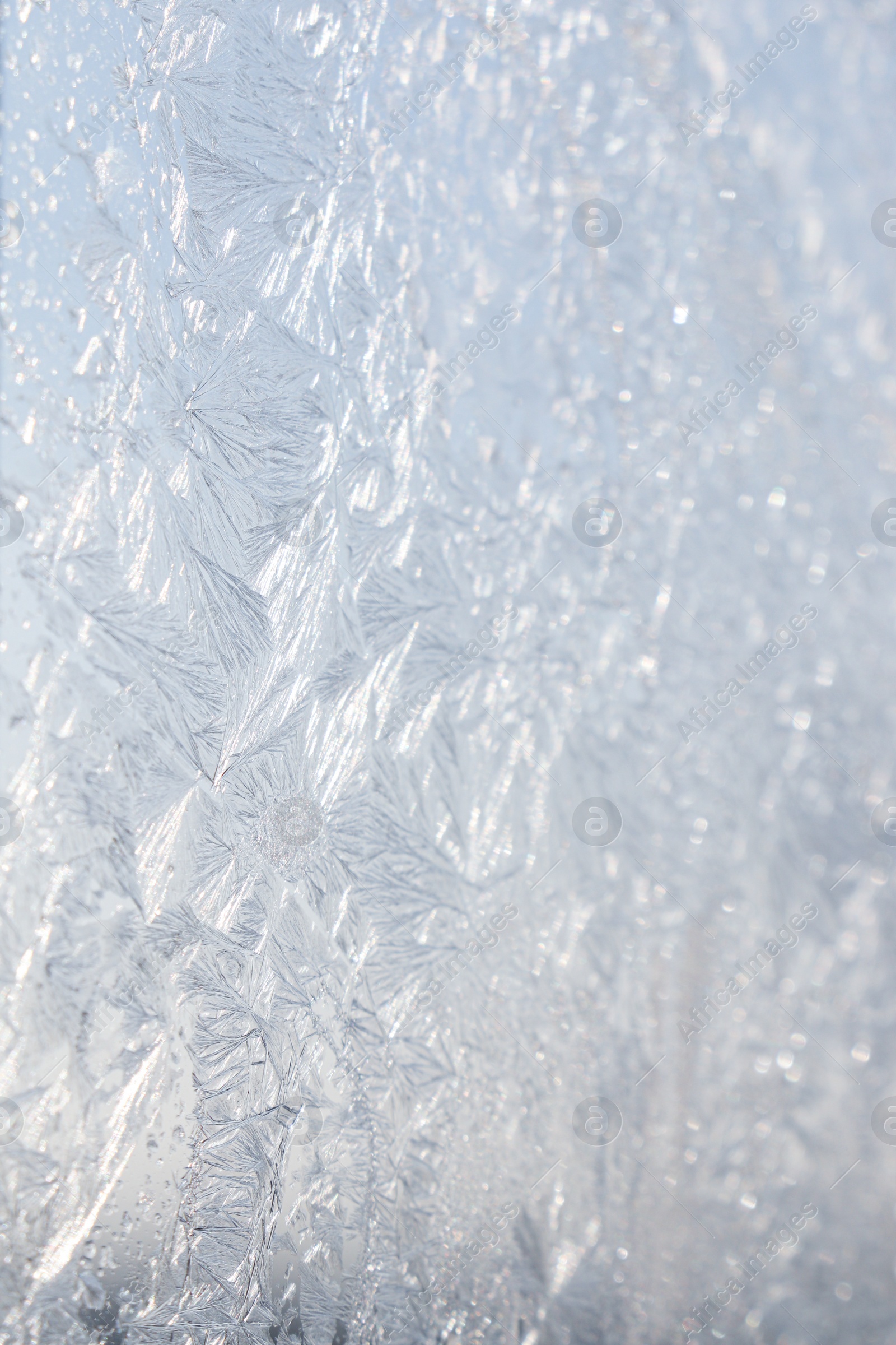 Photo of Beautiful frosty window as background, closeup. Winter morning