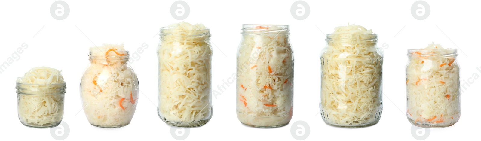 Set of tasty fermented cabbage isolated on white Image of Set of tasty fermented cabbage isolated on white