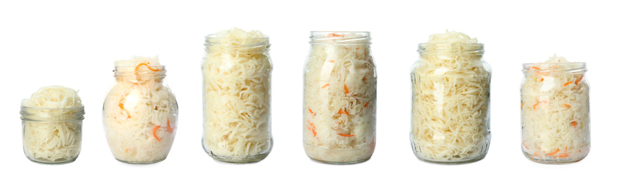 Set of tasty fermented cabbage isolated on white Image of Set of tasty fermented cabbage isolated on white