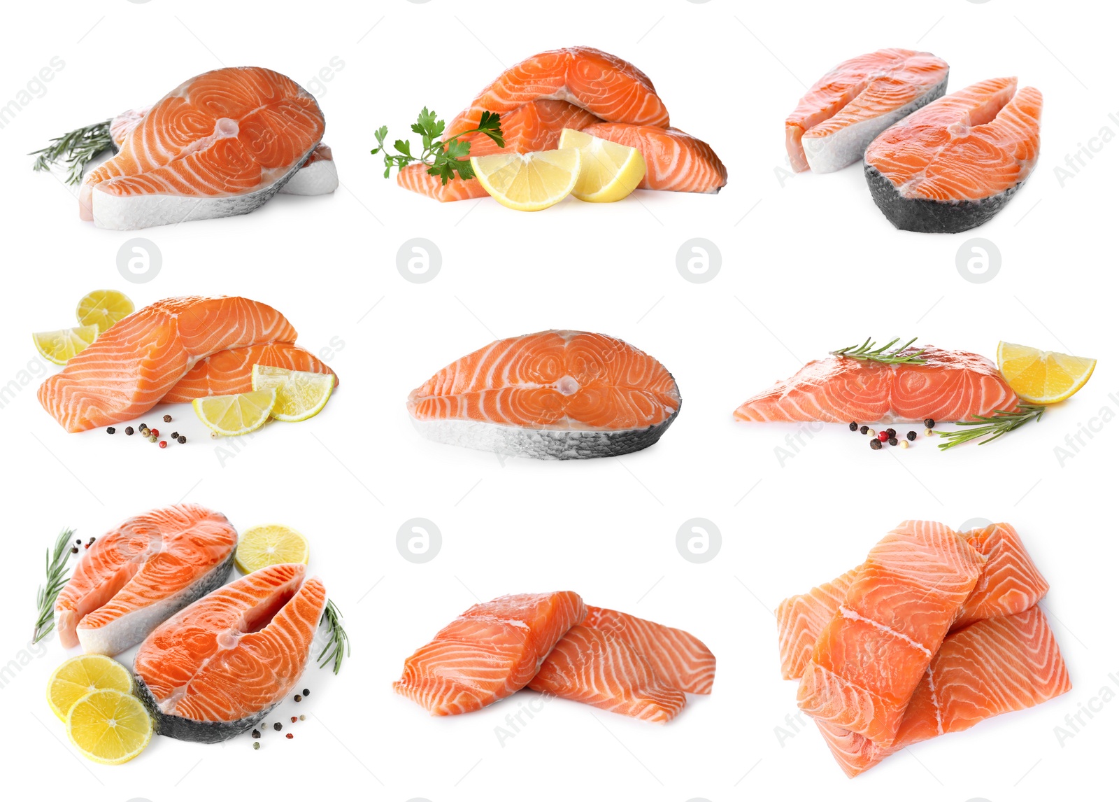Set of fresh raw salmon on white background. Fish delicacy Image of Set of fresh raw salmon on white background. Fish delicacy
