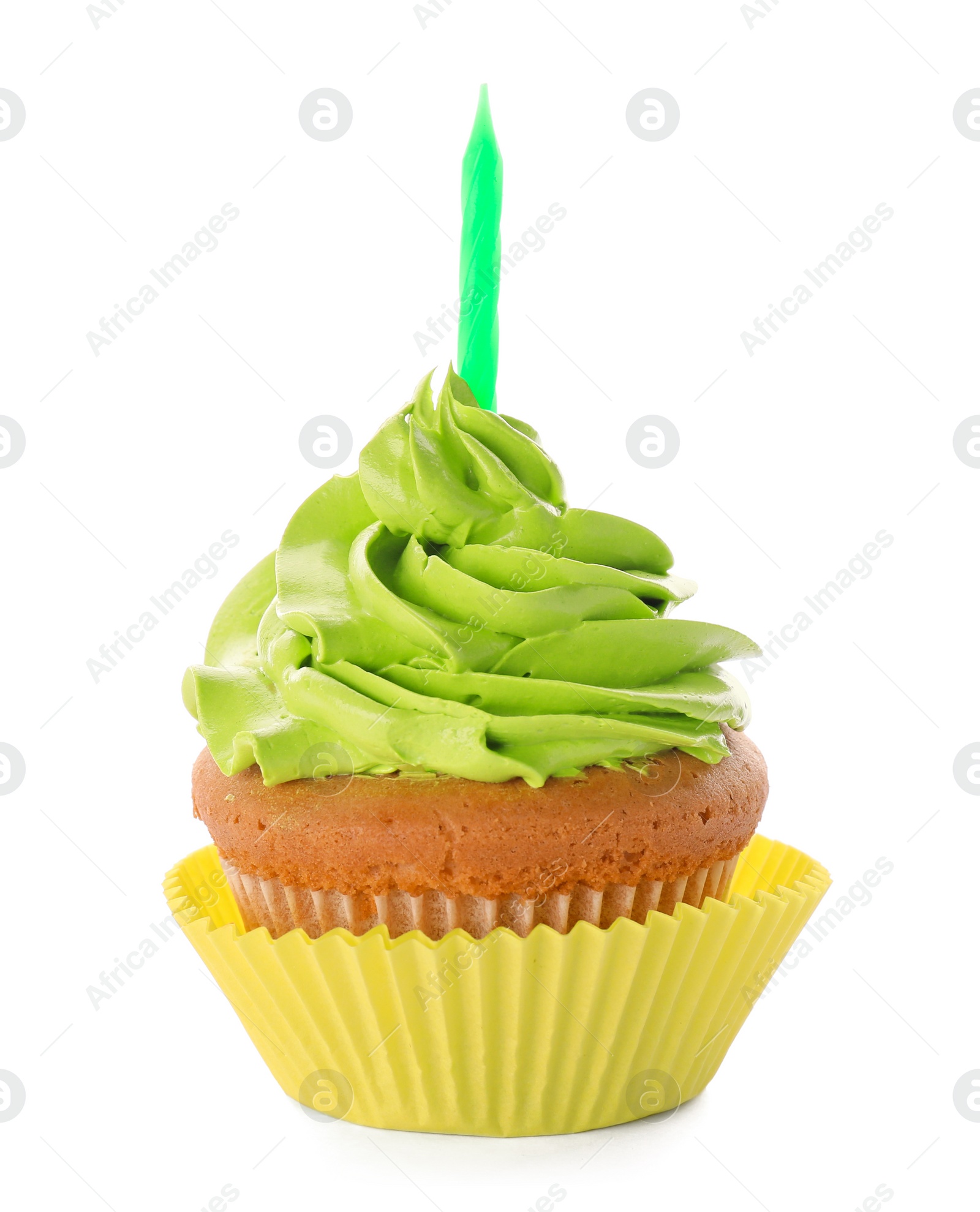 Birthday cupcake with candle on white background Photo of Birthday cupcake with candle on white background