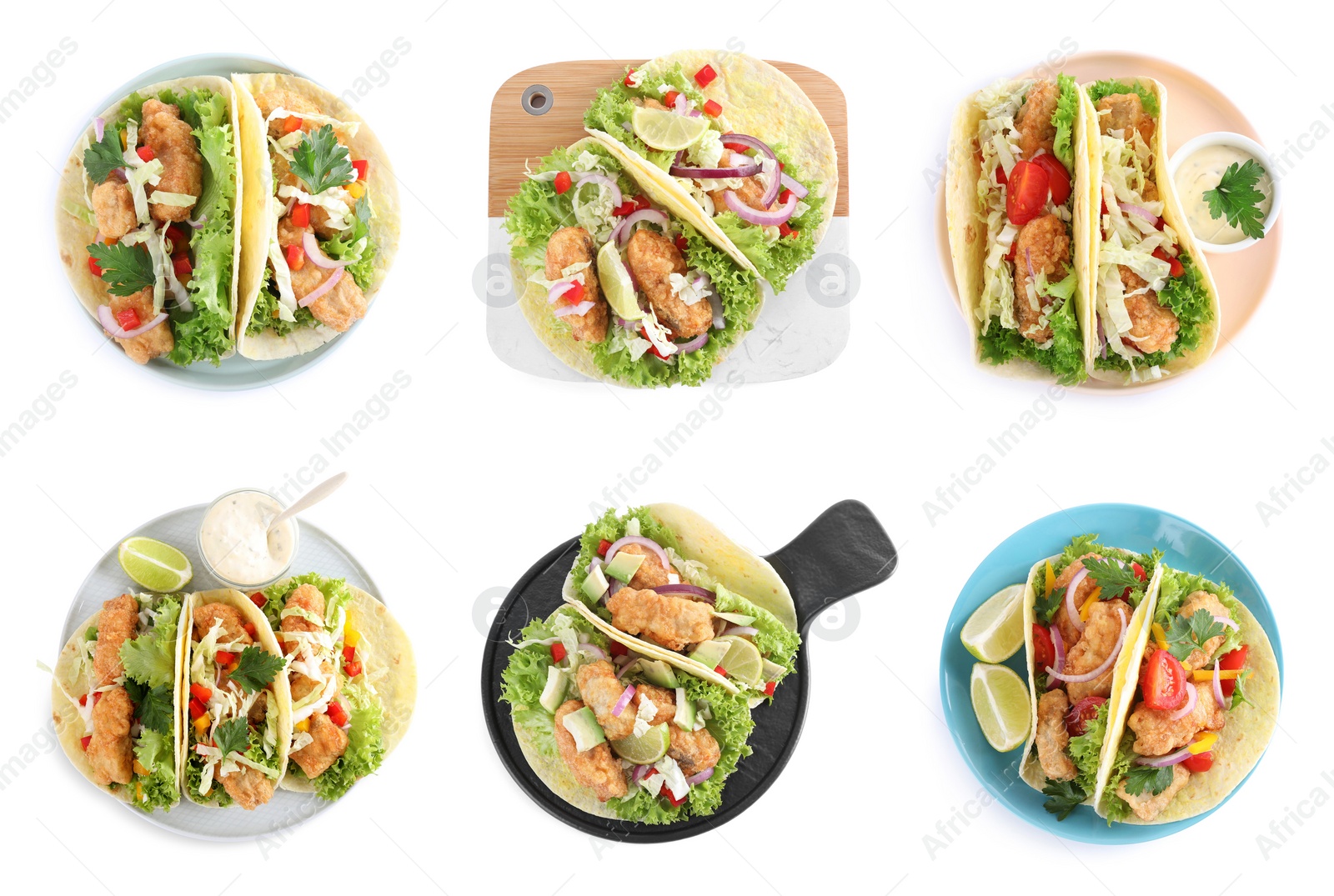Set of delicious fresh fish tacos on white background, top view Image of Set of delicious fresh fish tacos on white background, top view