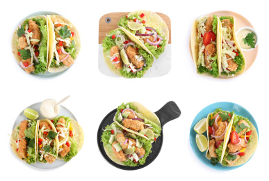 Set of delicious fresh fish tacos on white background, top view Image of Set of delicious fresh fish tacos on white background, top view