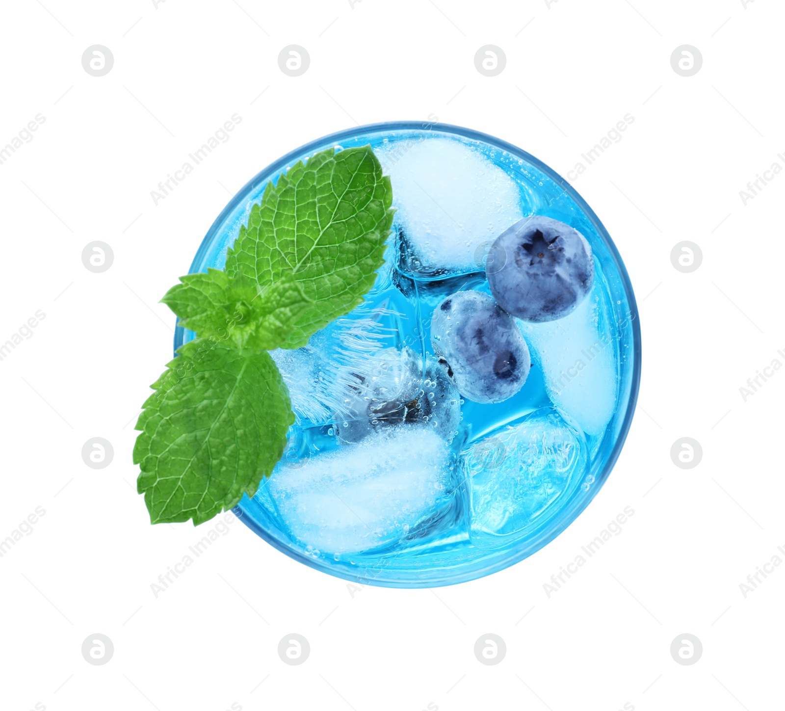 Delicious blueberry lemonade made with soda water isolated on white, top view Photo of Delicious blueberry lemonade made with soda water isolated on white, top view