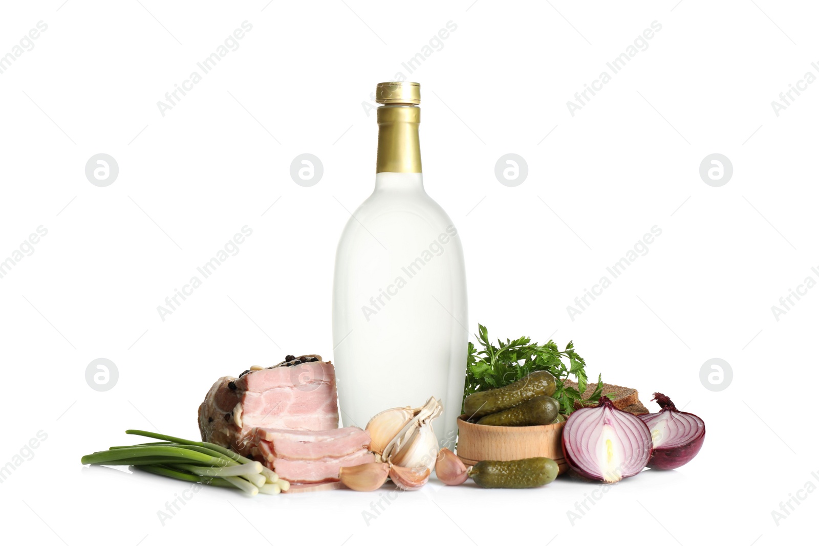 Russian vodka and different appetizers isolated on white Photo of Russian vodka and different appetizers isolated on white