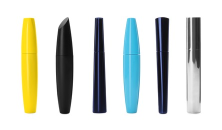 Set with different mascaras on white background. Banner design Image of Set with different mascaras on white background. Banner design