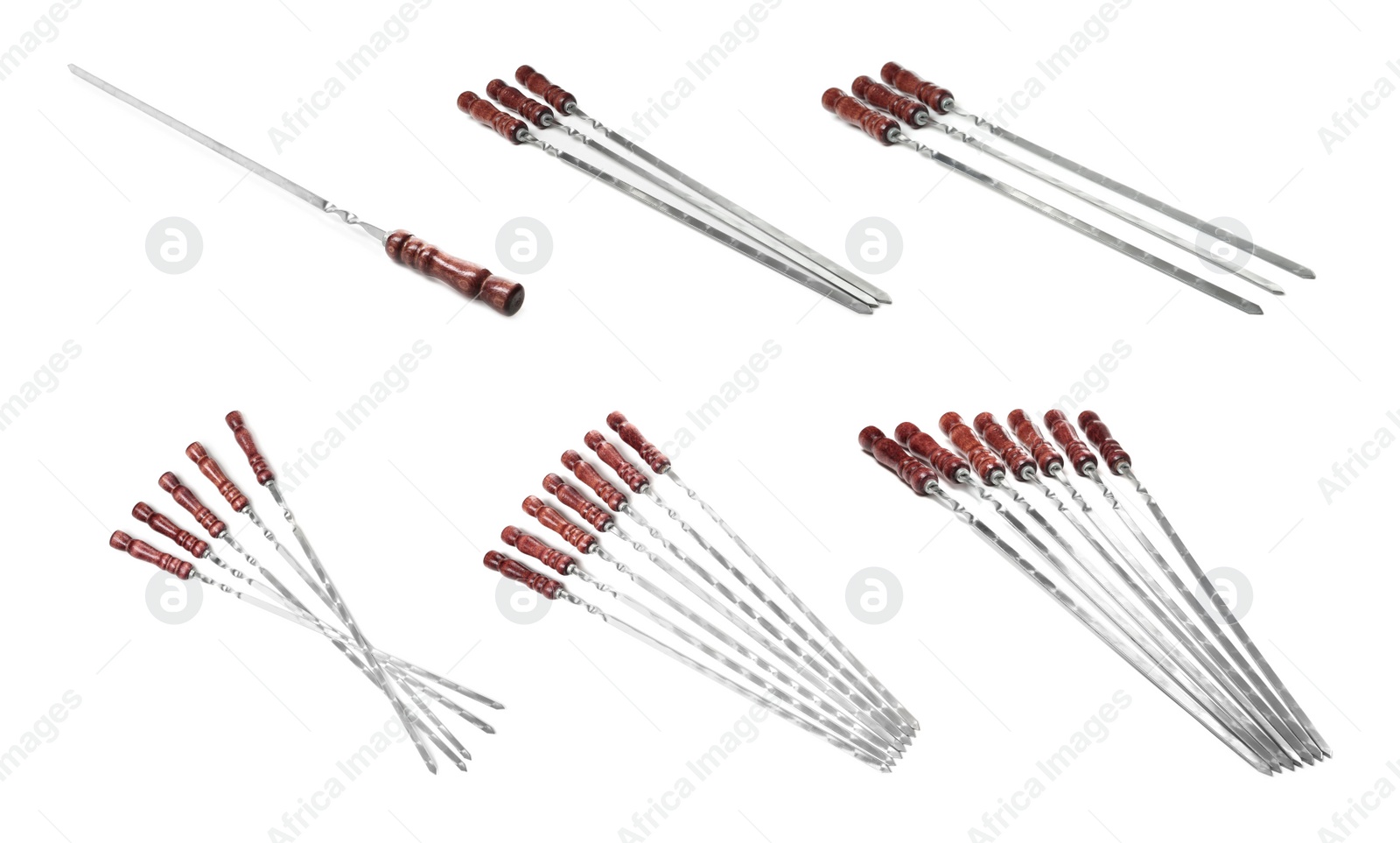 Set with metal skewers on white background Image of Set with metal skewers on white background