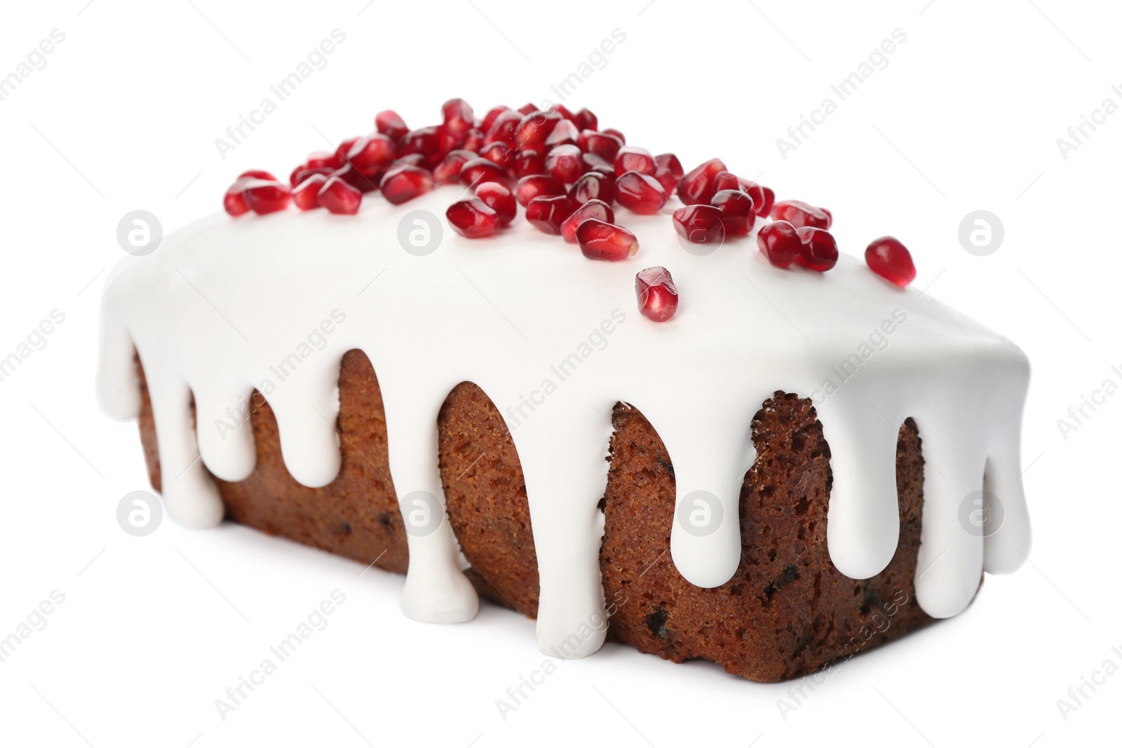Traditional classic Christmas cake decorated with pomegranate seeds isolated on white Photo of Traditional classic Christmas cake decorated with pomegranate seeds isolated on white