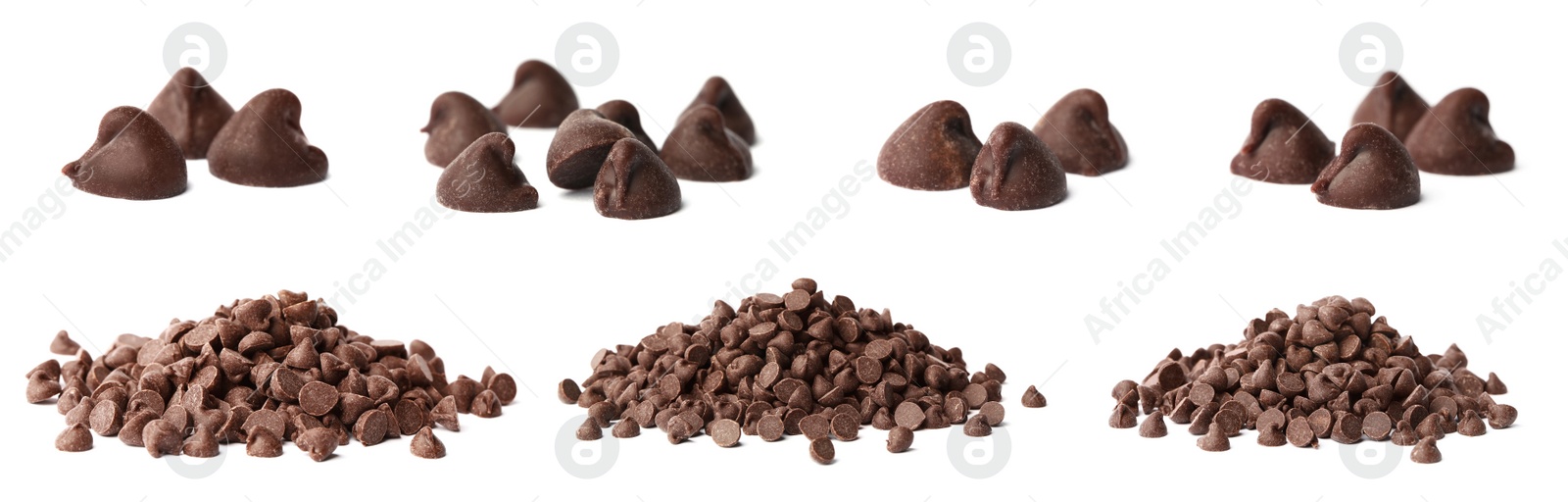 Set of tasty chocolate chips isolated on white Image of Set of tasty chocolate chips isolated on white