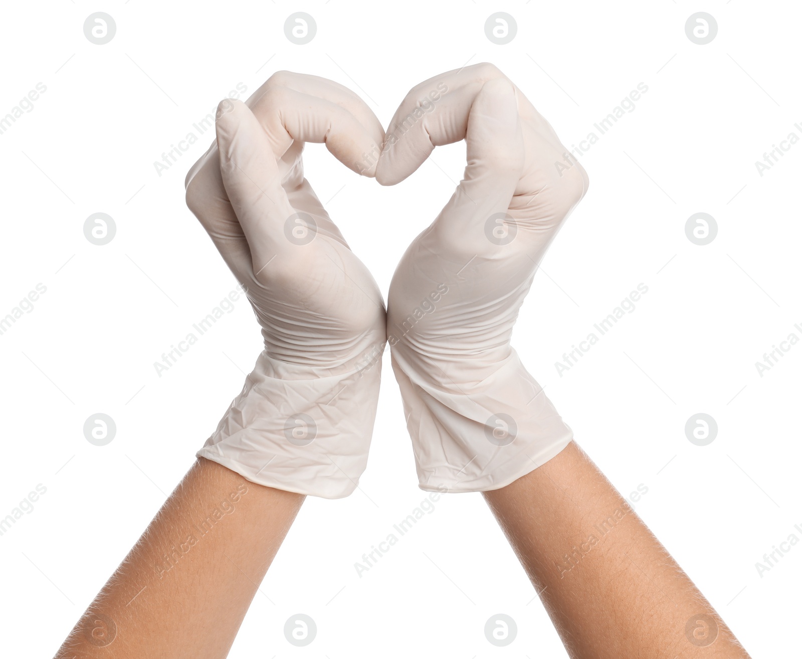 Doctor in medical gloves showing heart with hands on white background, closeup Photo of Doctor in medical gloves showing heart with hands on white background, closeup