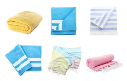 Set with different soft towels on white background Image of Set with different soft towels on white background