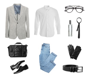 Stylish men's outfit. Collage with modern clothes, gloves and other accessories on white background Image of Stylish men's outfit. Collage with modern clothes, gloves and other accessories on white background