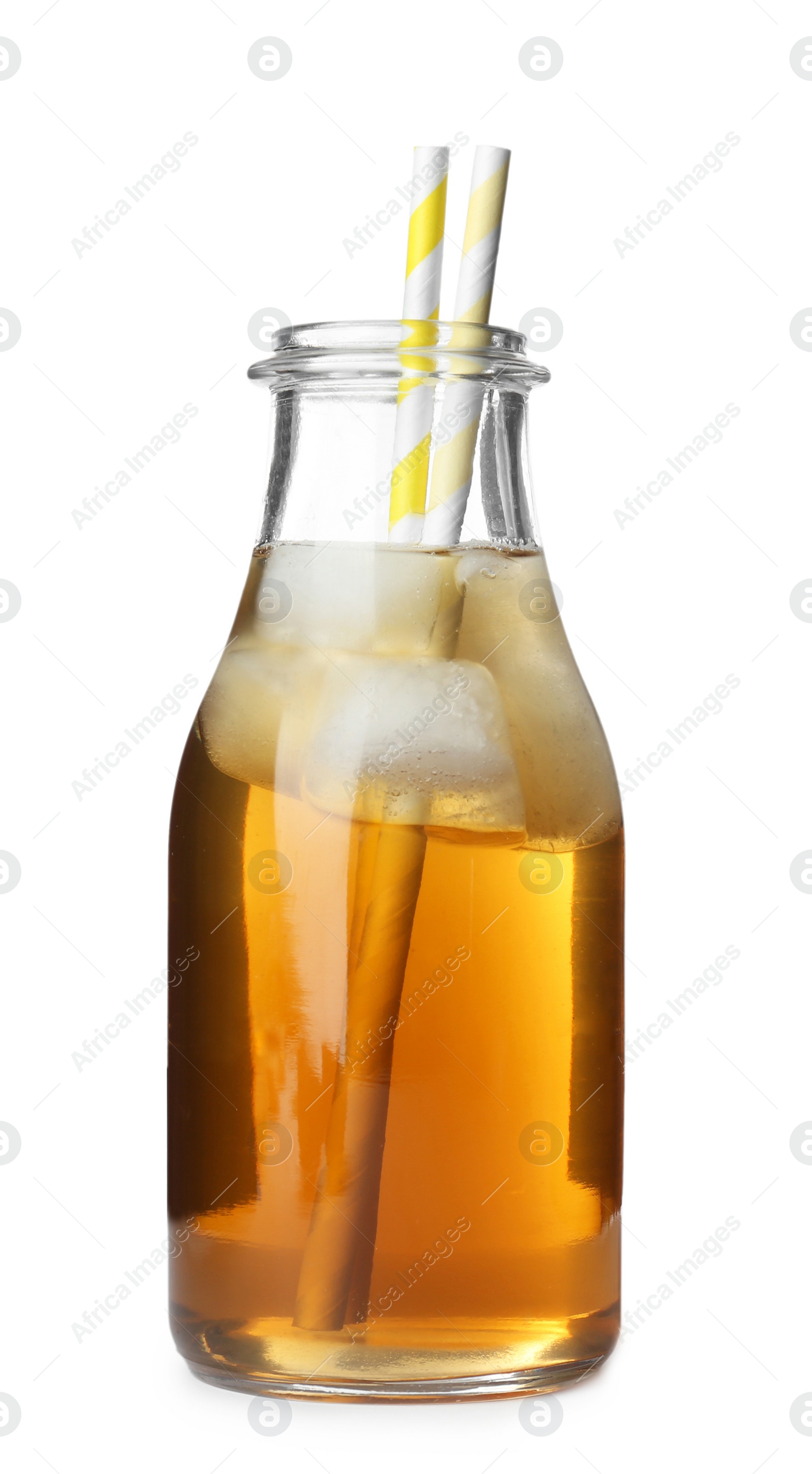 Bottle of fresh apple juice on white background Photo of Bottle of fresh apple juice on white background