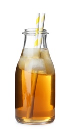 Bottle of fresh apple juice on white background Photo of Bottle of fresh apple juice on white background
