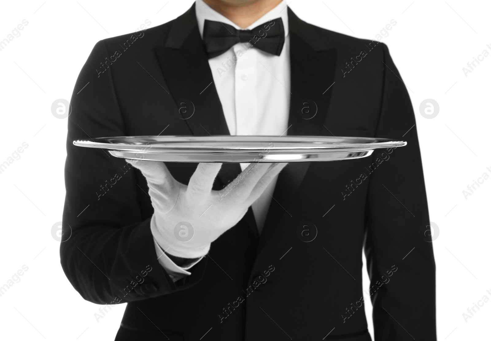 Elegant butler holding silver tray isolated on white, closeup Photo of Elegant butler holding silver tray isolated on white, closeup