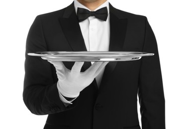Elegant butler holding silver tray isolated on white, closeup Photo of Elegant butler holding silver tray isolated on white, closeup