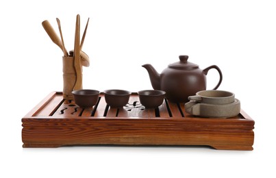 Photo of Beautiful set for traditional tea ceremony on white background
