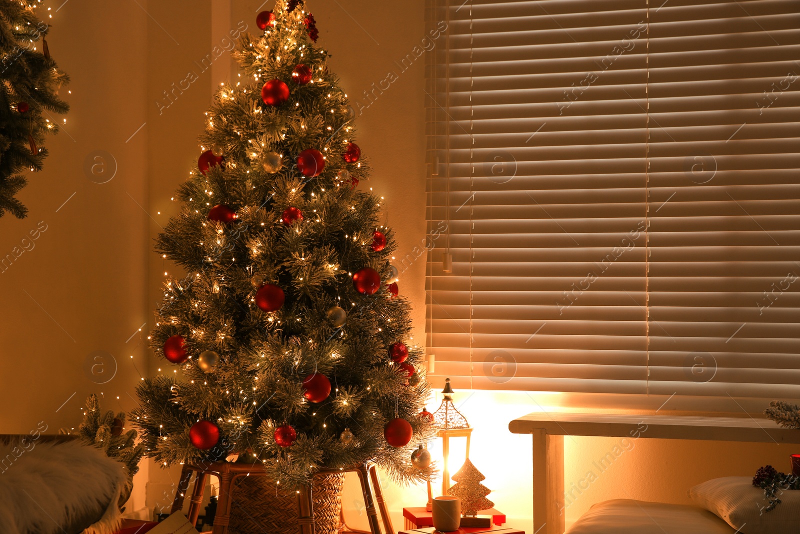 Beautiful decorated Christmas tree in festive room interior. Space for text Photo of Beautiful decorated Christmas tree in festive room interior. Space for text