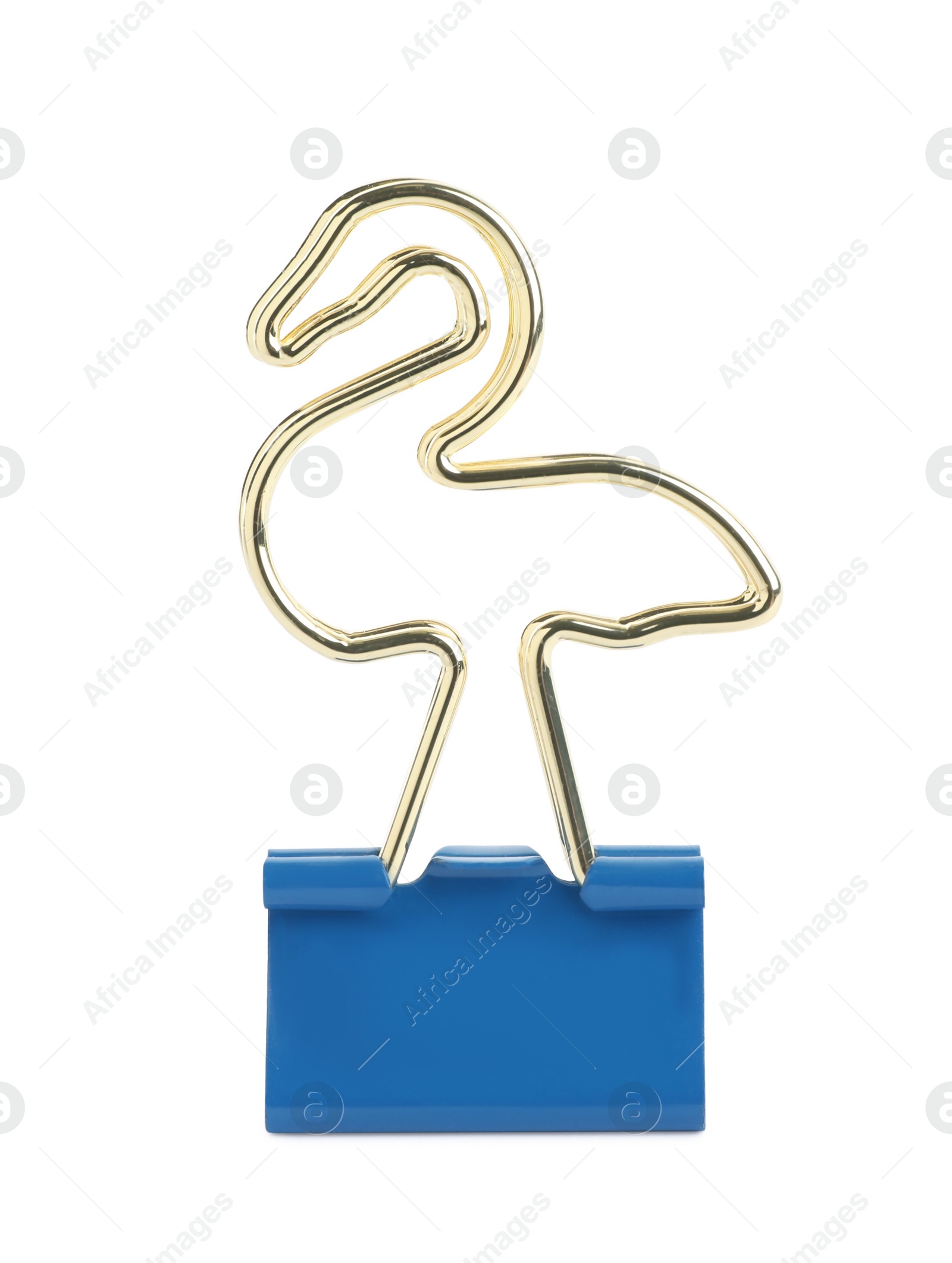 Photo of Flamingo shaped binder clip isolated on white. Stationery item