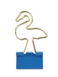 Photo of Flamingo shaped binder clip isolated on white. Stationery item