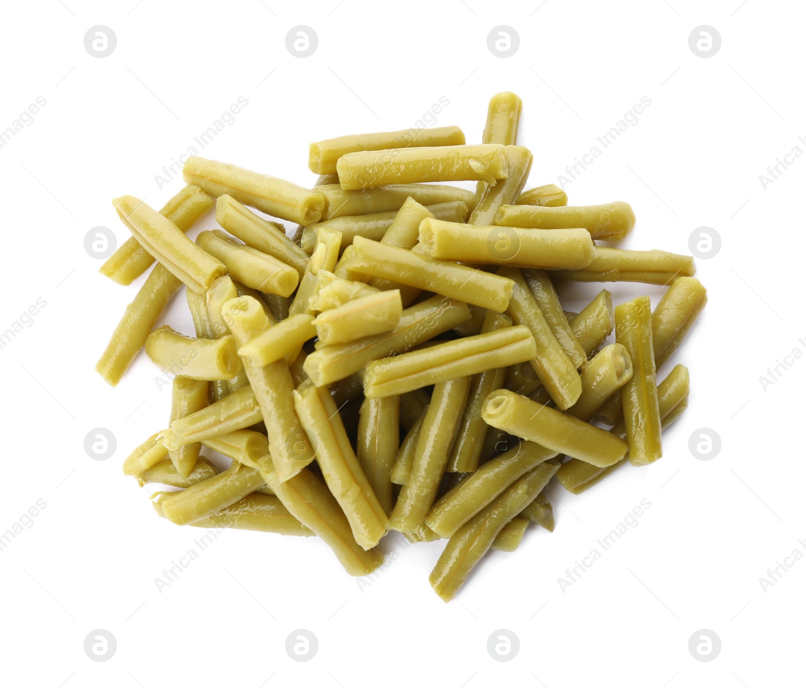 Pile of canned green beans on white background, top view Photo of Pile of canned green beans on white background, top view