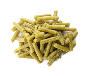Pile of canned green beans on white background, top view Photo of Pile of canned green beans on white background, top view